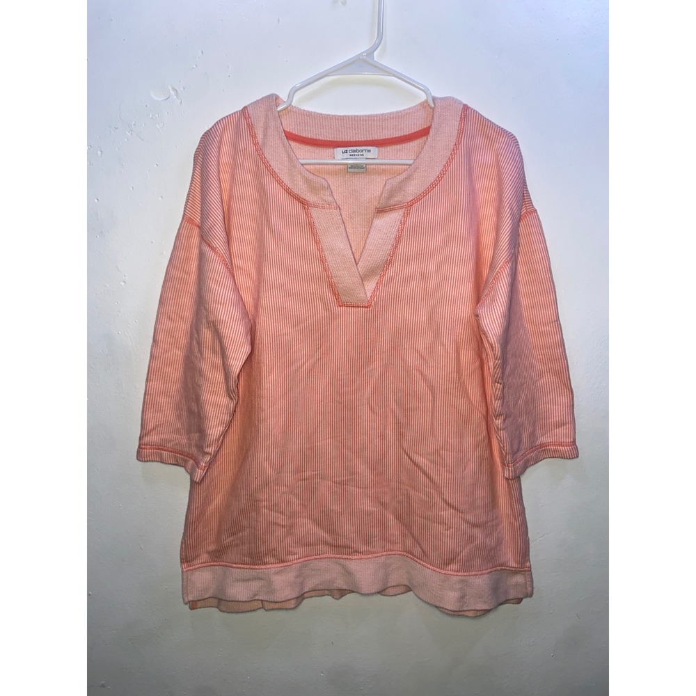 Liz Claiborne Weekend Peach White Striped Split Neck Sweatshirt Top Coastal - L
